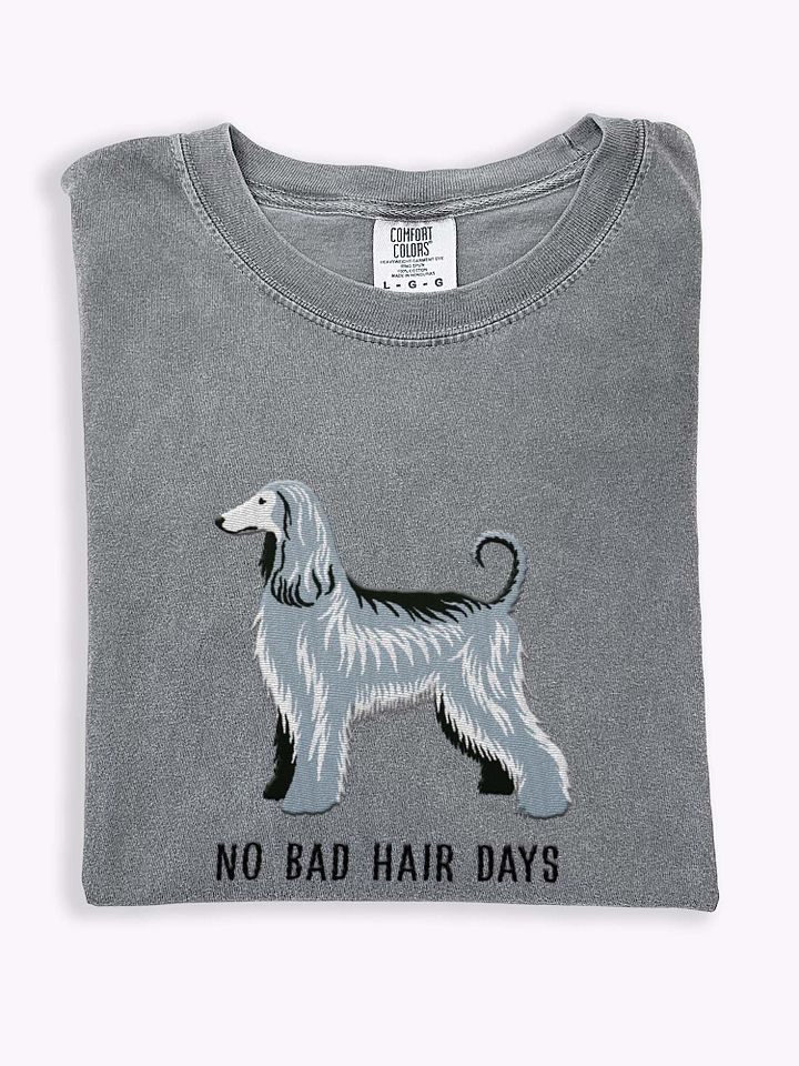 No Bad Hair Days T-Shirt(Embroidered) of an Afghan Hound(Gray/Blue) product image (1)