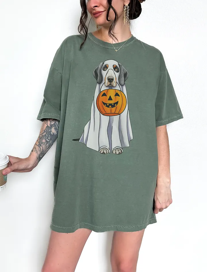 Bluetick Coonhound Halloween Tee | Funny Halloween Bluetick Wearing a Ghost Costume with Pumpkin Basket product image (1)