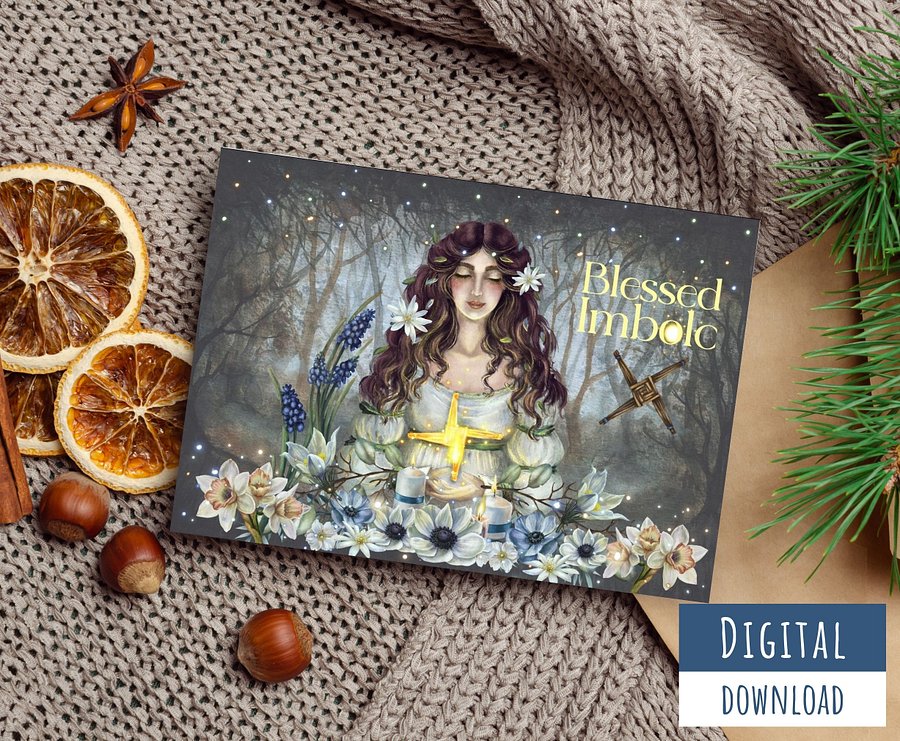 Printable Blessed Imbolc Card #2, Blank Inside, Goddess Brigid card product image (4)