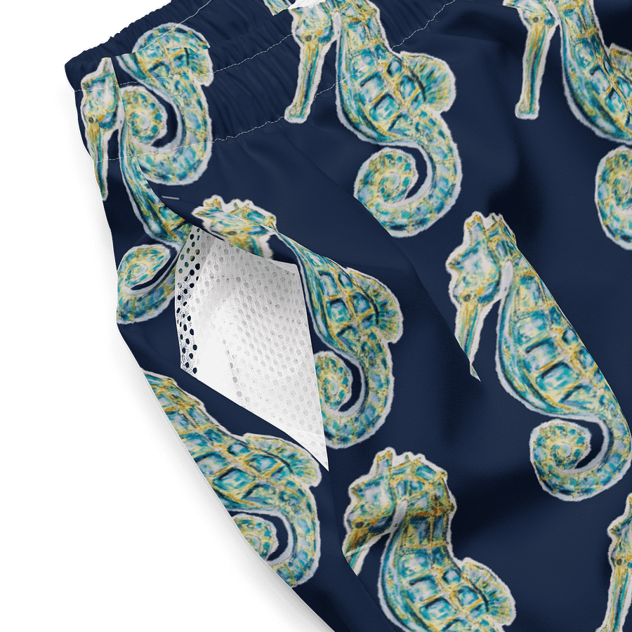 Painted Seahorses on Navy Blue | Men’s Swim Trunks | Coastal Swimwear for Men 🐚 Quick-Dry + UPF 50+ | Monique Faella Designs™ product image (4)