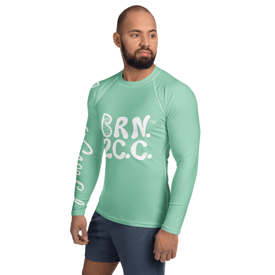 BRN.2C.C.™ /BOURNE to Cape Cod™ | Men’s Long Sleeve Rash Guard | UPF 50+ Active Coastal Shirt | White Logos on Vista Blue Green product image (3)