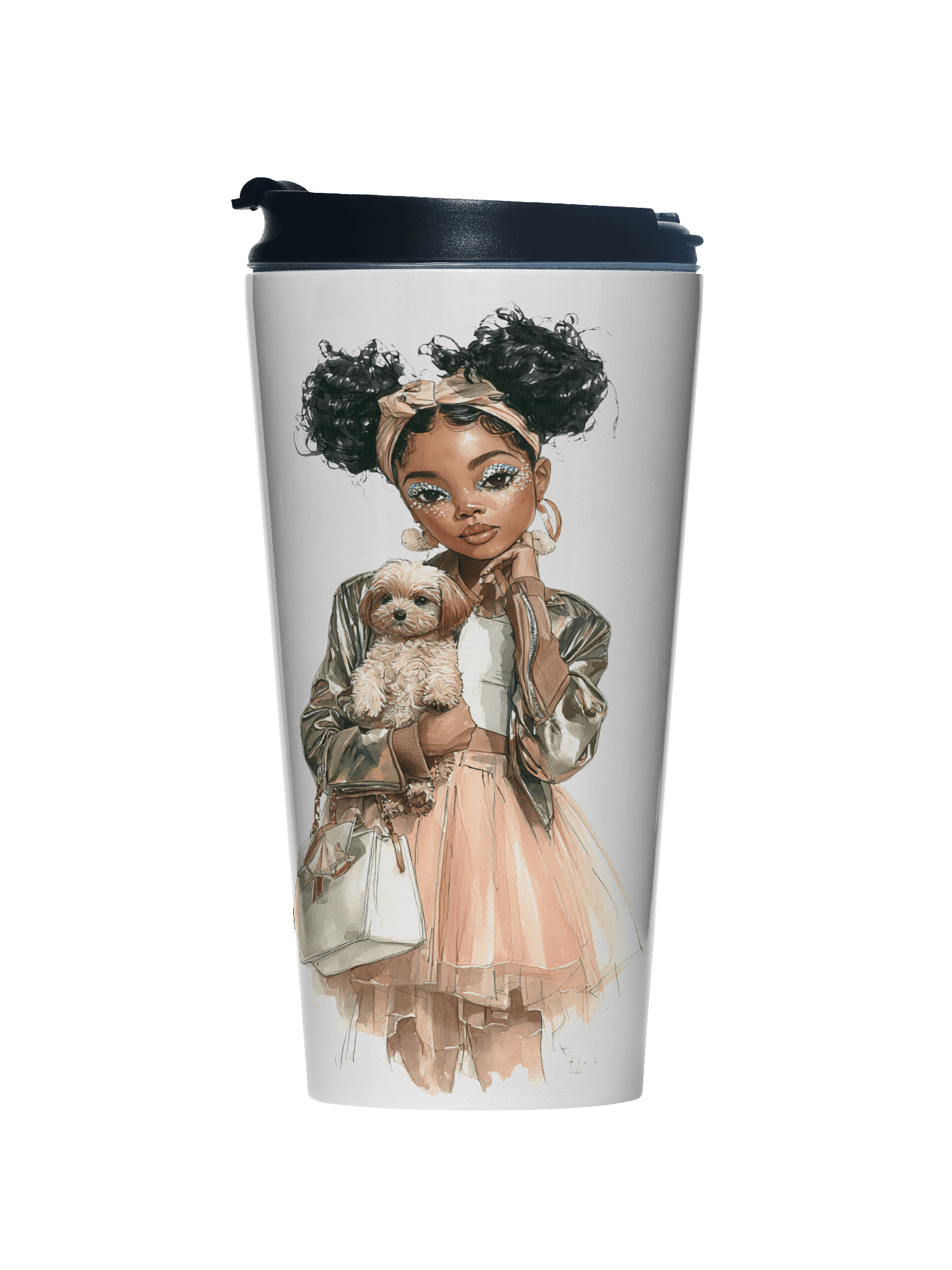 Chic Black Girl & Pup Stainless Steel Travel Mug | Fashion Illustration Tumbler (15 oz) product image (1)
