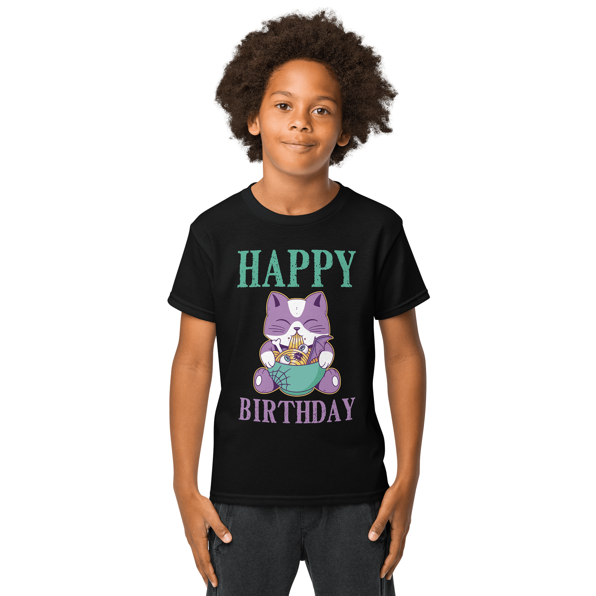Happy Birthday (Spooky Cat Eating Noodles) T-Shirt For Kids product image (1)