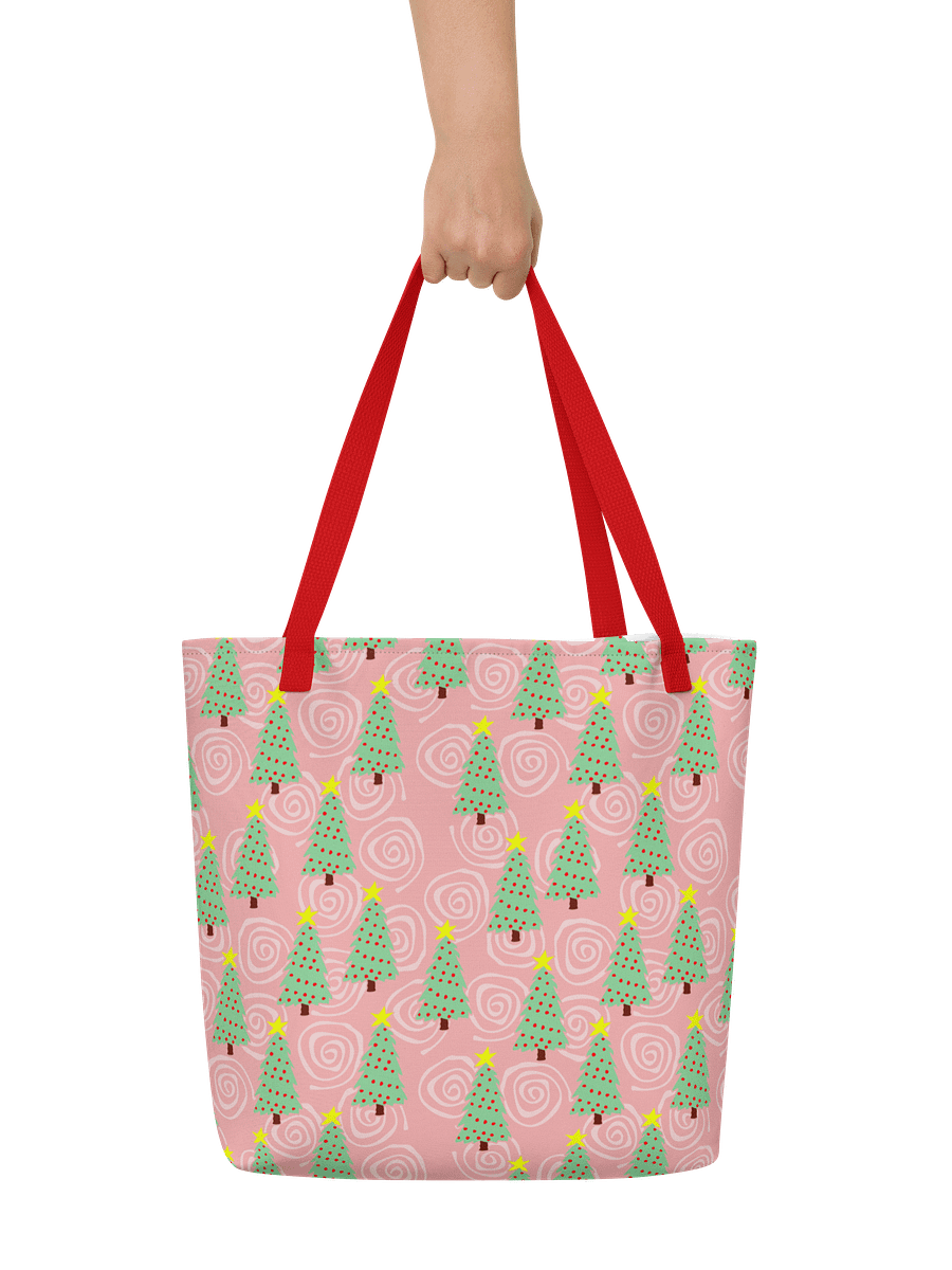 Green Christmas Trees on Christmas Pink with Swirls – Large Tote Bag product image (6)