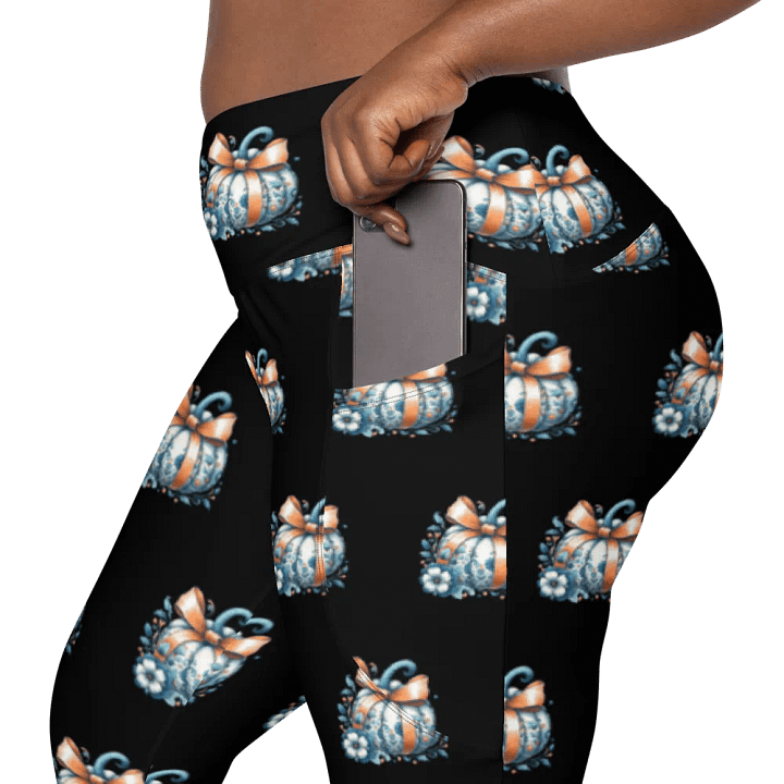 Charming Pattern of Stylishly Whimsical Dressed Blue And White Pumpkins With Orange Ribbon Chic Leggings product image (1)