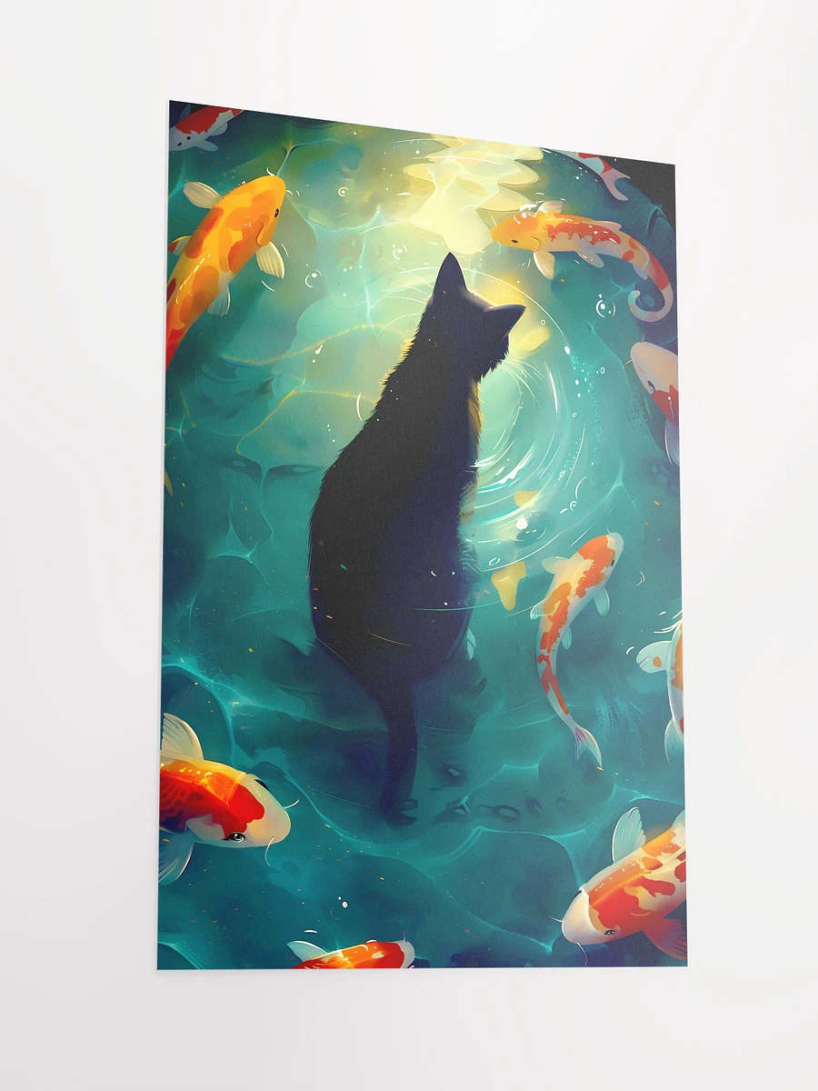Tranquil Reflections: Black Cat Overlooking Swirling Koi in Moonlit Pond Matte Poster product image (4)