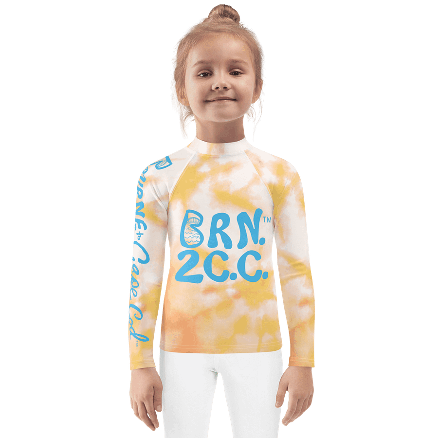 Girls' | Little KIDS | Rash Guard | BRN.2C.C.™ Front Print | BOURNE to Cape Cod™ Back & Sleeve Logo | Coastal UV Shirt for Active Kids | Slim Fit Swim Top | Blue Logo on Orange Tie-Dye product image (1)