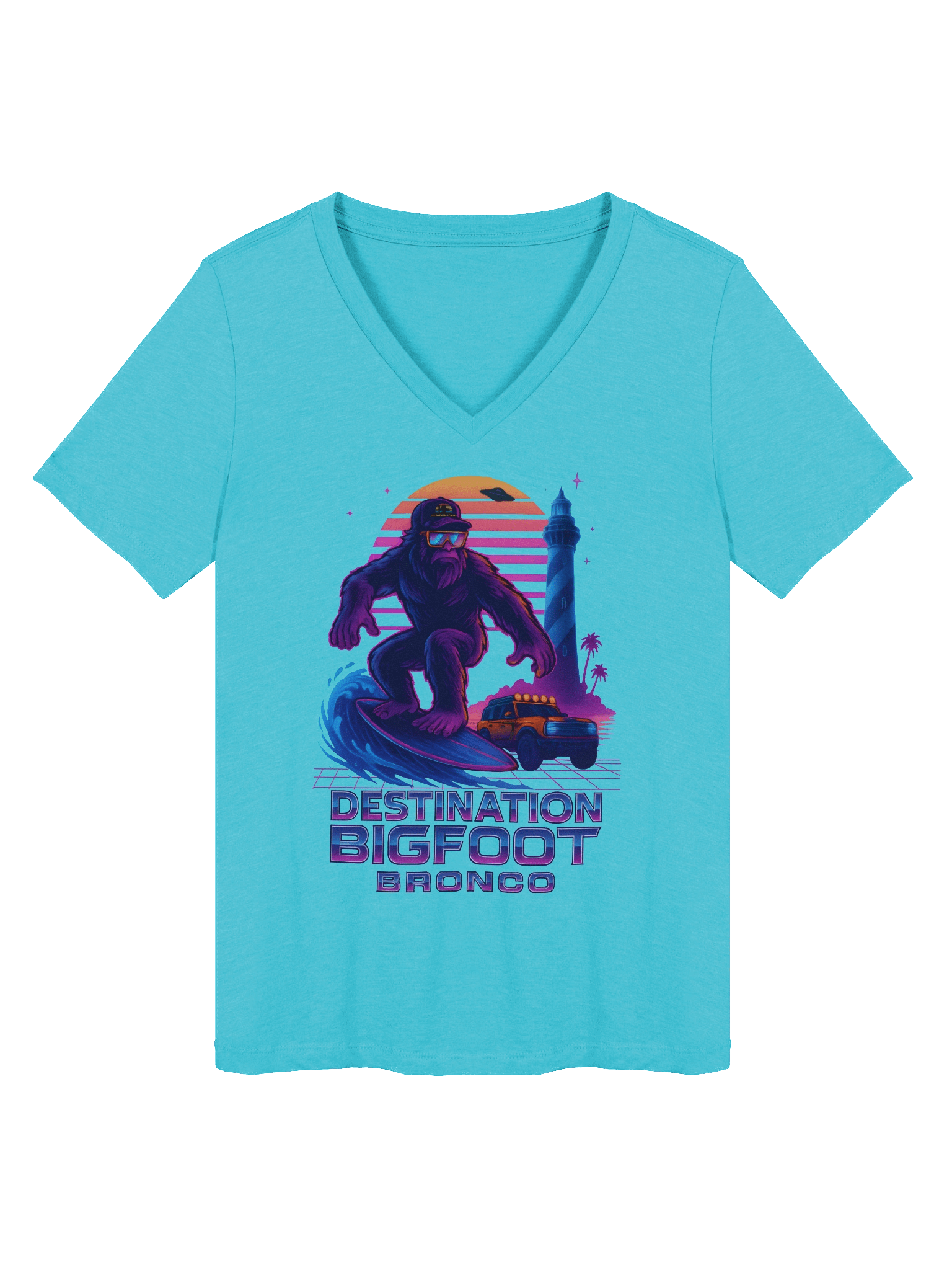 Destination Bigfoot Bronco Synthwave Bella+Canvas Women's Relaxed V-Neck T-Shirt (Multiple Colors Available) product image (67)