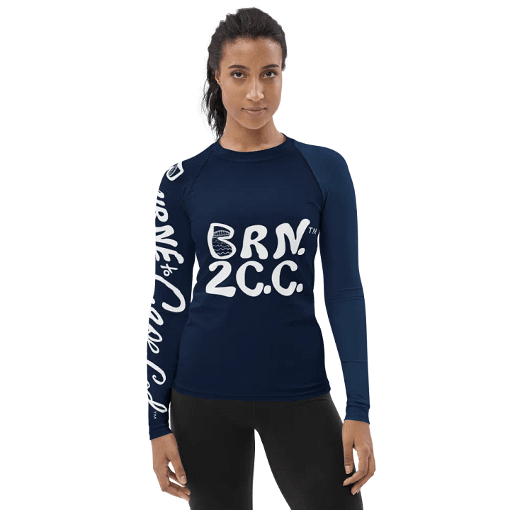BOURNE to Cape Cod™ | Women's Rash Guard | BRN.2C.C.™ | White Logos on Navy Blue product image (1)