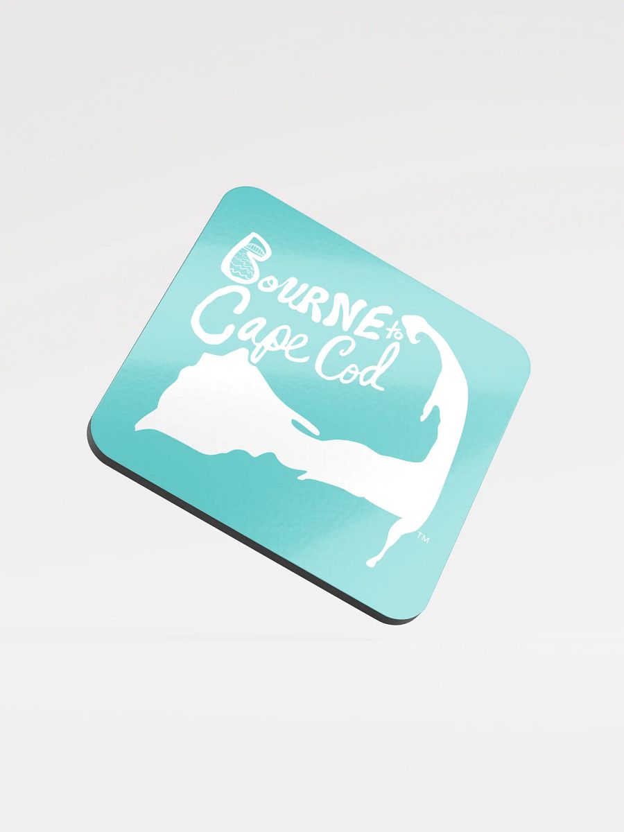 BOURNE to Cape Cod™ | Coastal Coaster | Glossed Cork | Eco-Friendly | Minimalist Coastal Decor | 3.74" Square | White Logo on Dark Turquoise product image (1)