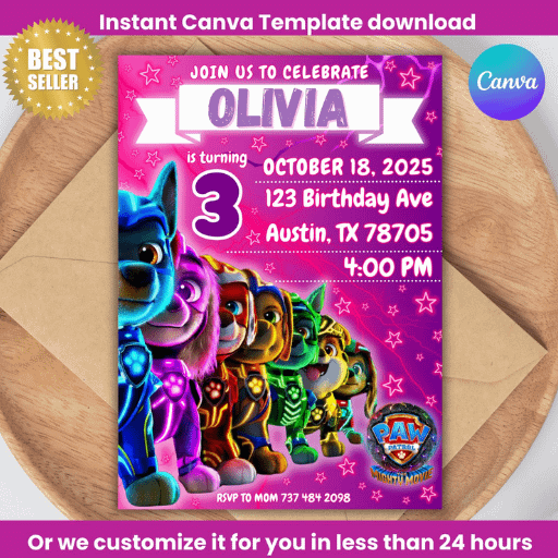 Pink Paw Patrol The Mighty Movie Birthday Invitation - Canva - Super Paw patrol product image (1)