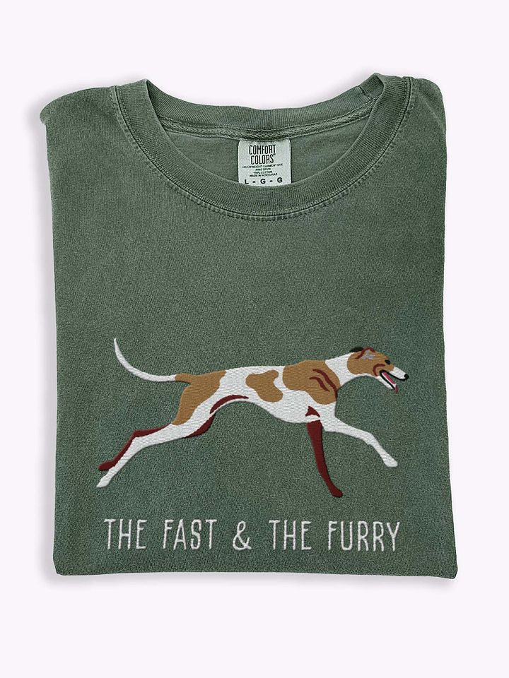 The Fast & The Furry T-Shirt(Embroidered) of a Greyhound(Tan & White) product image (1)