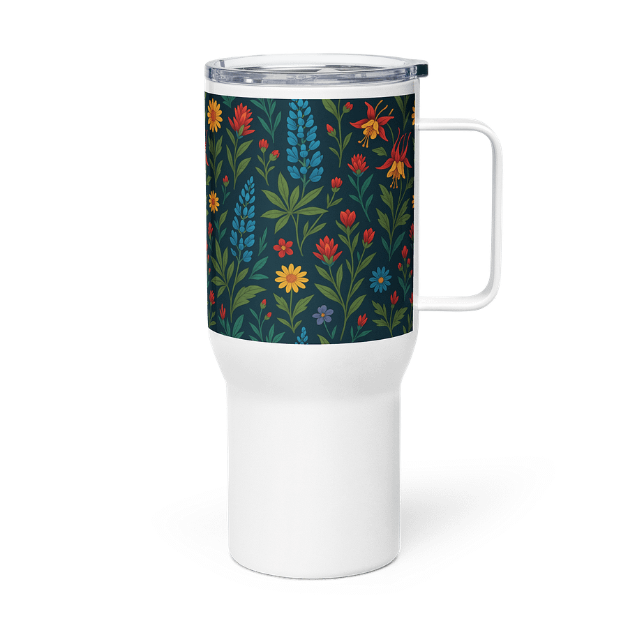 Floral Travel Mug with Handle – Dark Botanical Print with Daisies, Lilies & Wildflowers product image (4)