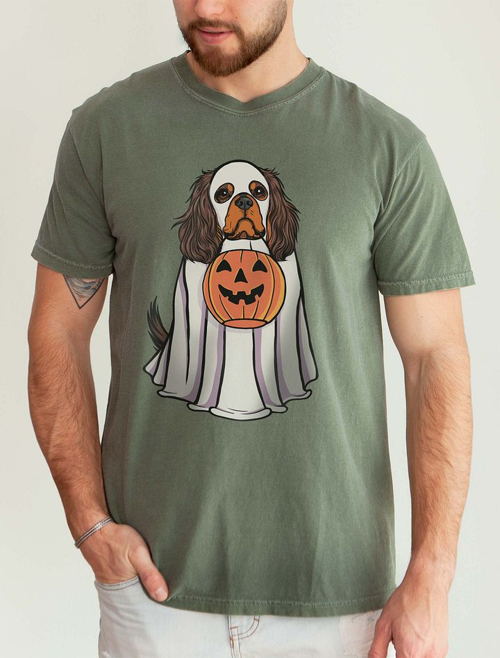 Funny Halloween Cavalier King Charles Spaniel(Brown & Tan) T-Shirt | Funny Cavalier Wearing a Ghost Costume and Holding a Pumpkin Basket product image (5)