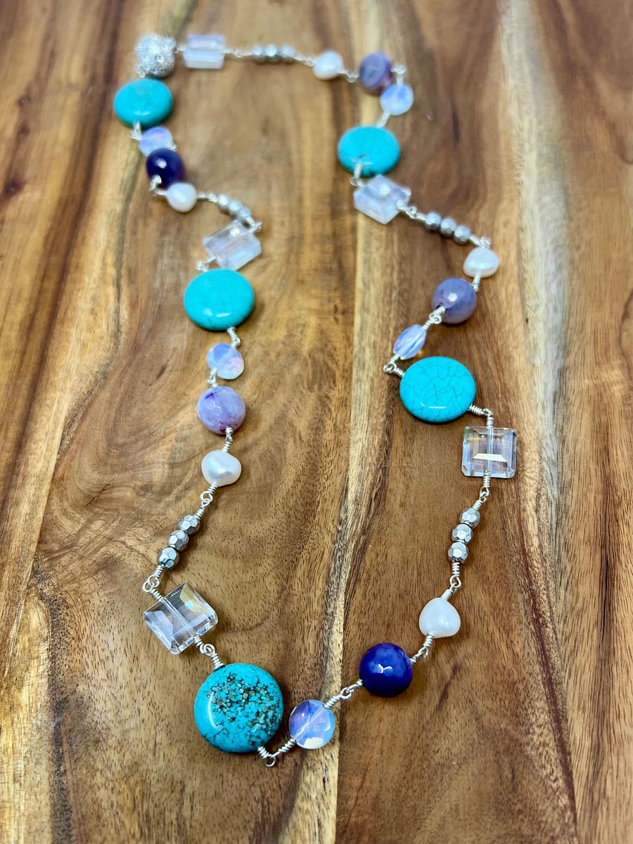 Handmade Wire Wrapped Necklace (Turquoise, Pearls, Crystals) product image (1)