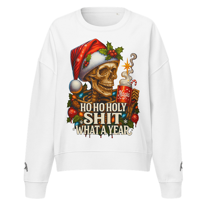 Funny Christmas Skeleton Sweatshirt – “Ho Ho Holy Sh** What a Year” Holiday Sweater – Santa Skull Xmas Pullover – Edgy Adult Christmas Gift –Retro Sweatshirt product image (1)