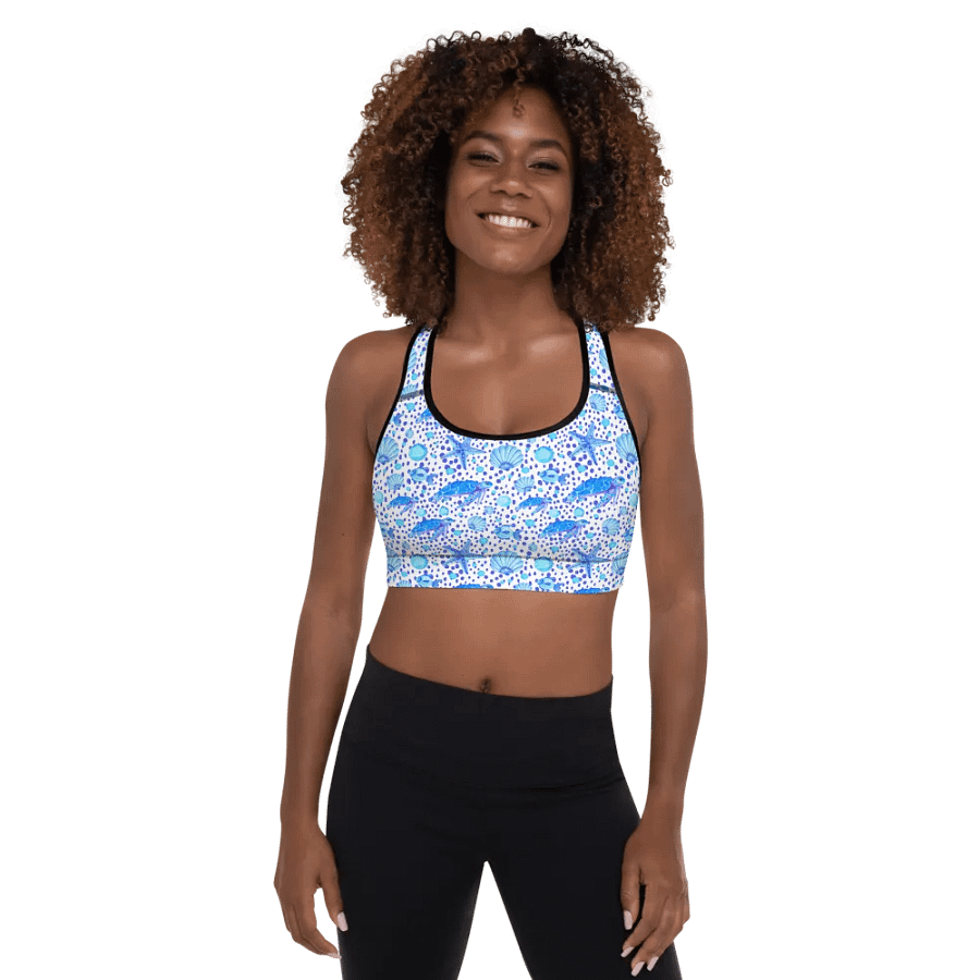 Ladies all over print padded sports bra with sea turtle design in blues.  Ideal for a cool holiday feel for nature lovers product image (1)