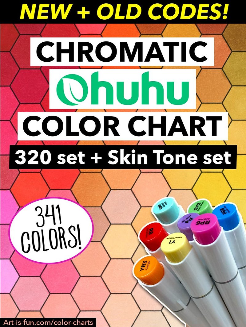 Ohuhu Color Chart - 341 Honolulu Colors (NEW + OLD) in Chromatic Order (Hex + Grid)
