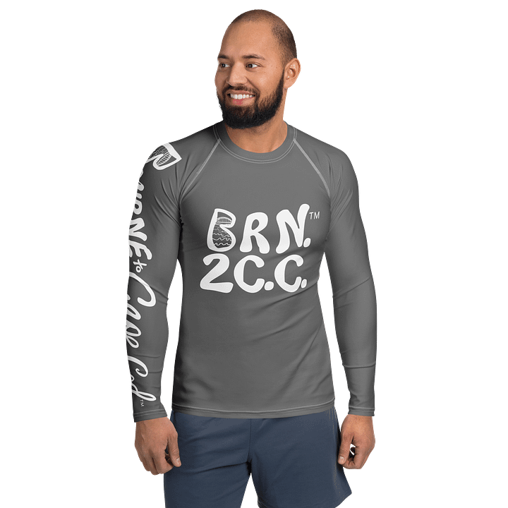 BRN.2C.C.™ /BOURNE to Cape Cod™ | Men’s Long Sleeve Rash Guard | UPF 50+ Active Coastal Shirt | White Logos on Grey product image (1)