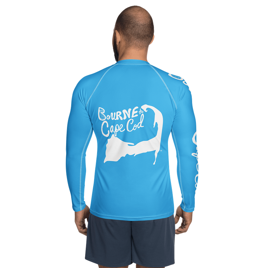 BRN.2C.C.™ /BOURNE to Cape Cod™ | Men’s Long Sleeve Rash Guard | UPF 50+ Active Coastal Shirt | White Logos on Deep Sky Blue product image (2)