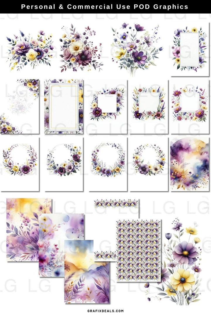 Purple Yellow Floral Graphics Bundle Commercial POD Use Clipart. 50% off for VIP50 Members! product image (2)