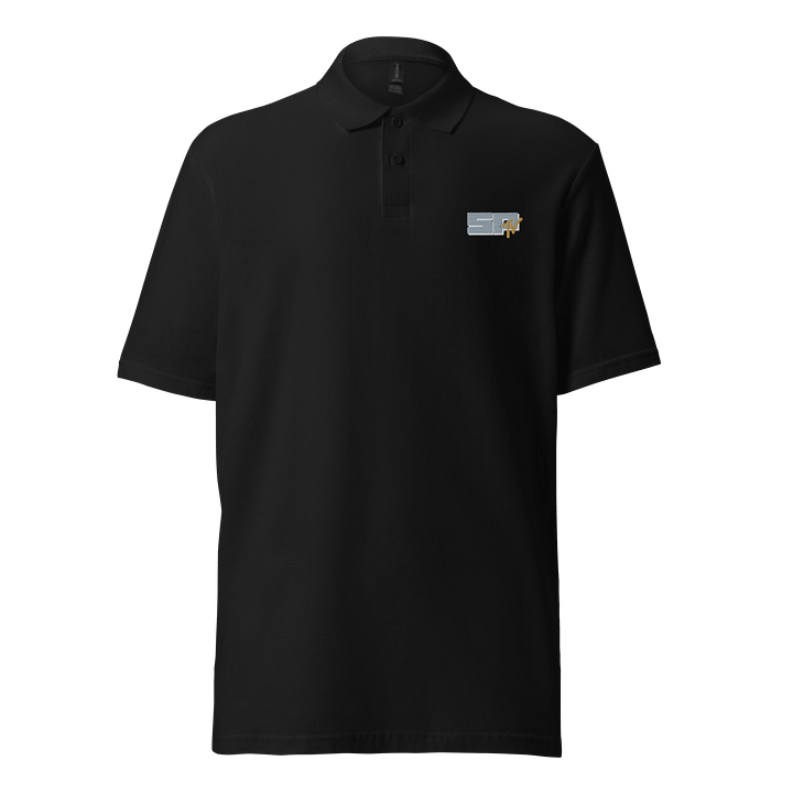 SP TV Logo (grey, white, brown) embroidered on pique polo. product image (1)