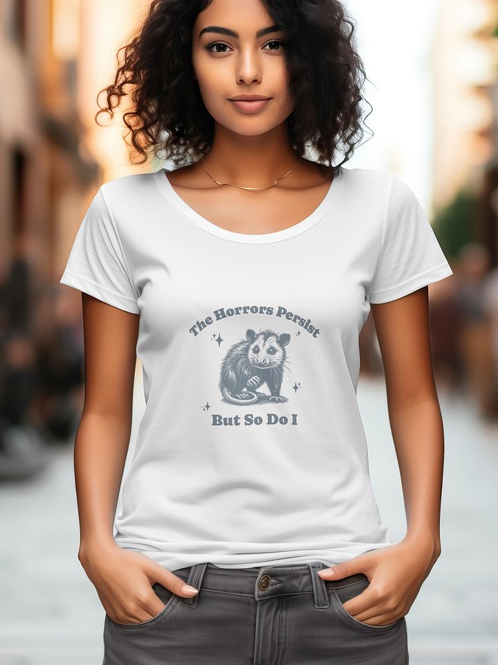 Funny Opossum T-Shirt – “The Horrors Persist But So Do I” – 90s Retro Graphic Tee product image (2)