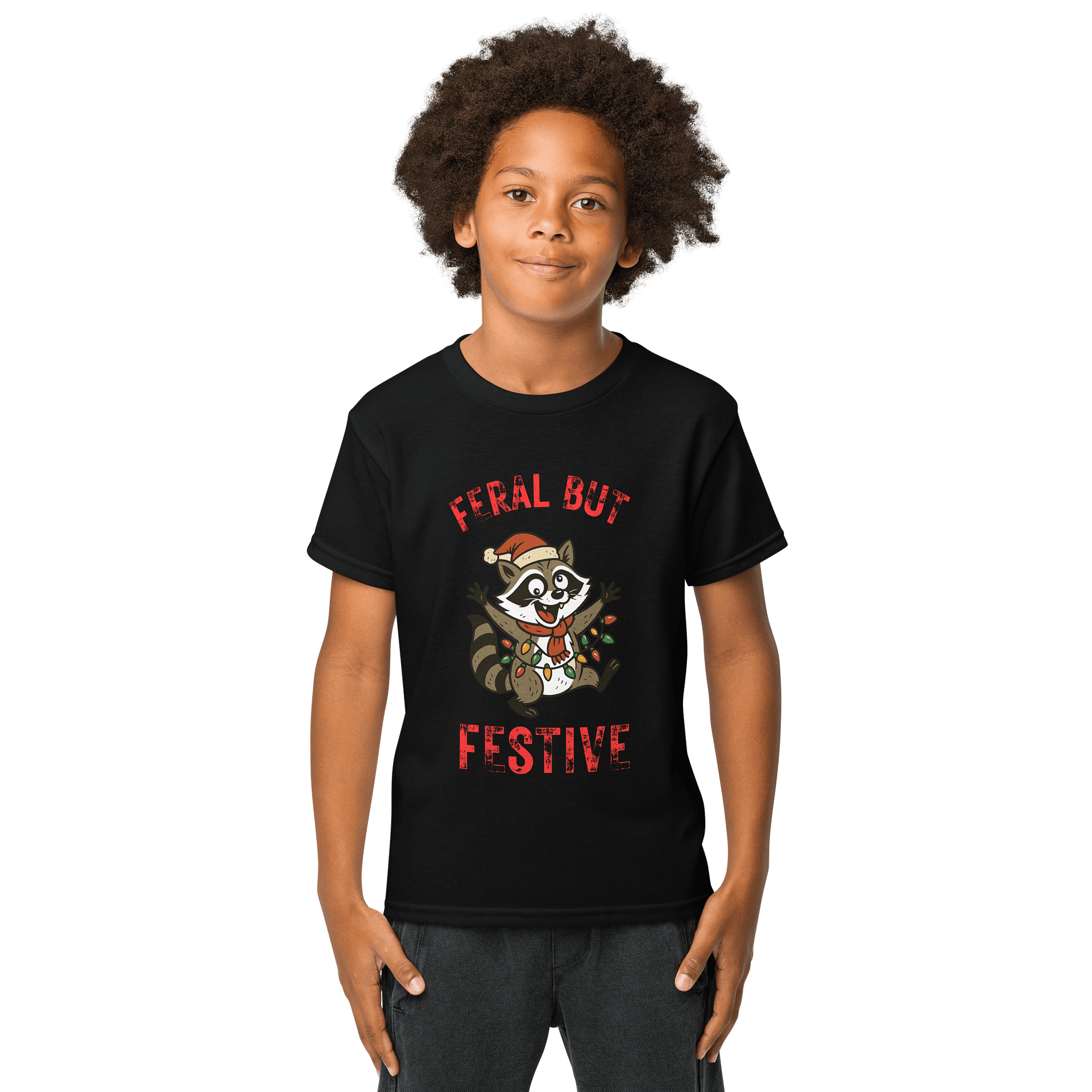 Feral but Festive Raccoon Youth Tee product image (4)