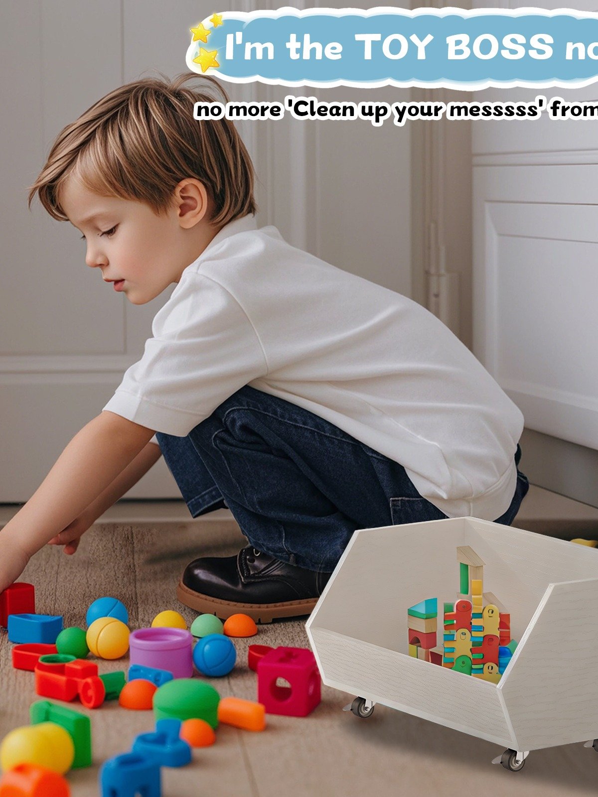 3-Tier Portable Toy Storage, Kids Toy Organizer W/2 Removable Bins with 4 Wheels（White) product image (4)