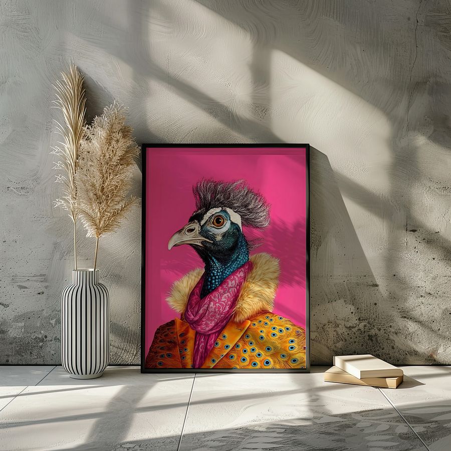 Anthropomorphic Peacock in Yellow Coat Animal Portrait product image (23)