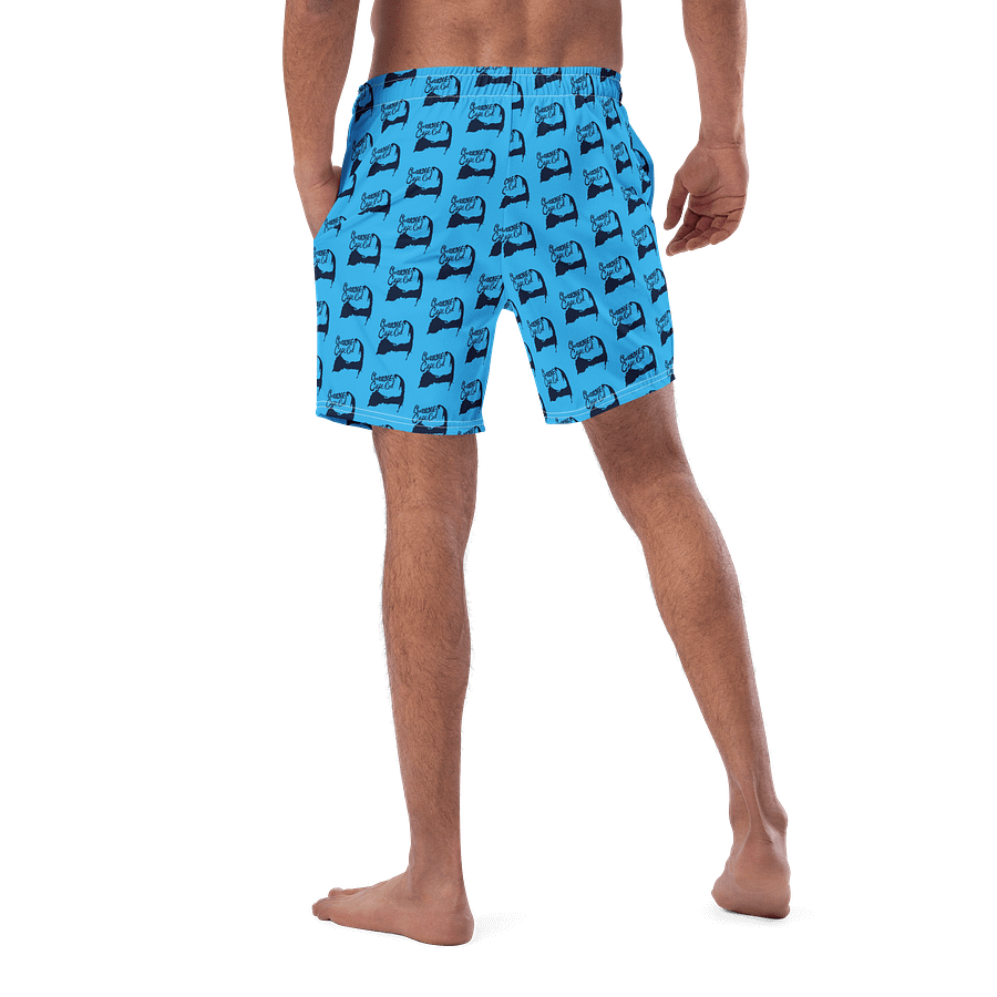BOURNE to Cape Cod™ All-Over Logo Swim Trunks | Men's UPF 50+ Quick-Dry Coastal Shorts | Navy Logo Repeat Pattern on Deep Sky Blue product image (5)