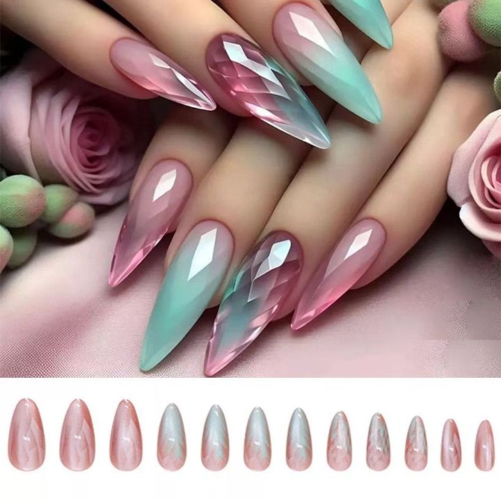 Glazed Cat's Eye Fake Nails Long Stiletto Nail Tips False Nails Women Girls product image (1)