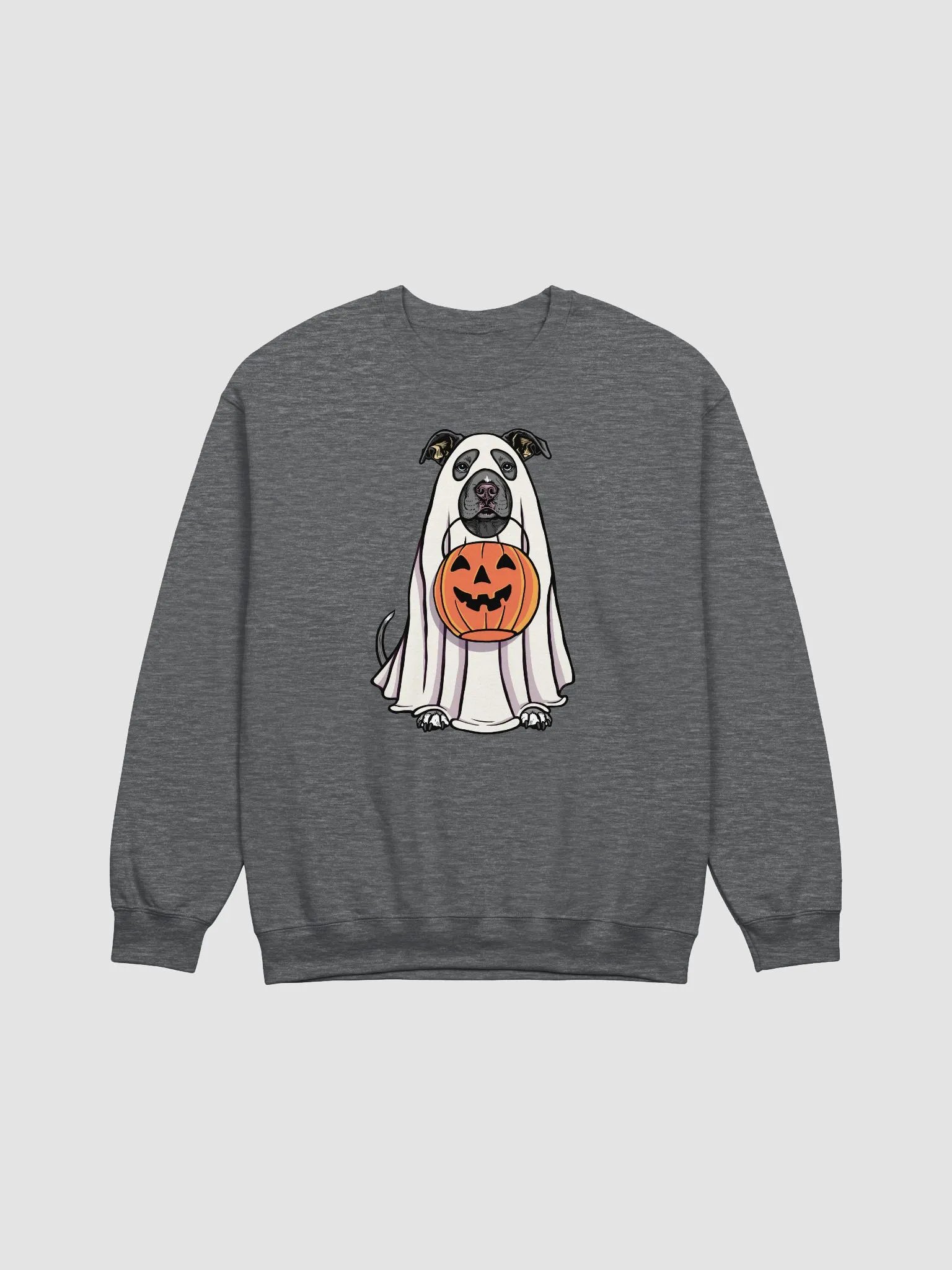 Funny Halloween Pitbull Terrier(Blue) Sweatshirt | Funny Pittie Wearing a Ghost Costume and Holding a Pumpkin Basket product image (7)