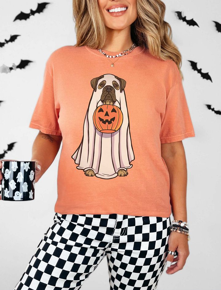 Funny Halloween Bullmastiff T-Shirt | Funny Bullmastiff Wearing a Ghost Costume and Holding a Pumpkin Basket product image (19)