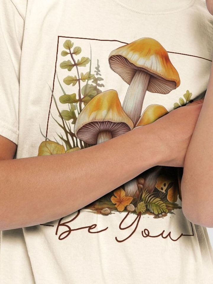 Be You Inspirational Mushroom T-Shirt - Orange Mushrooms & Fall Leaves Graphic Tee product image (2)