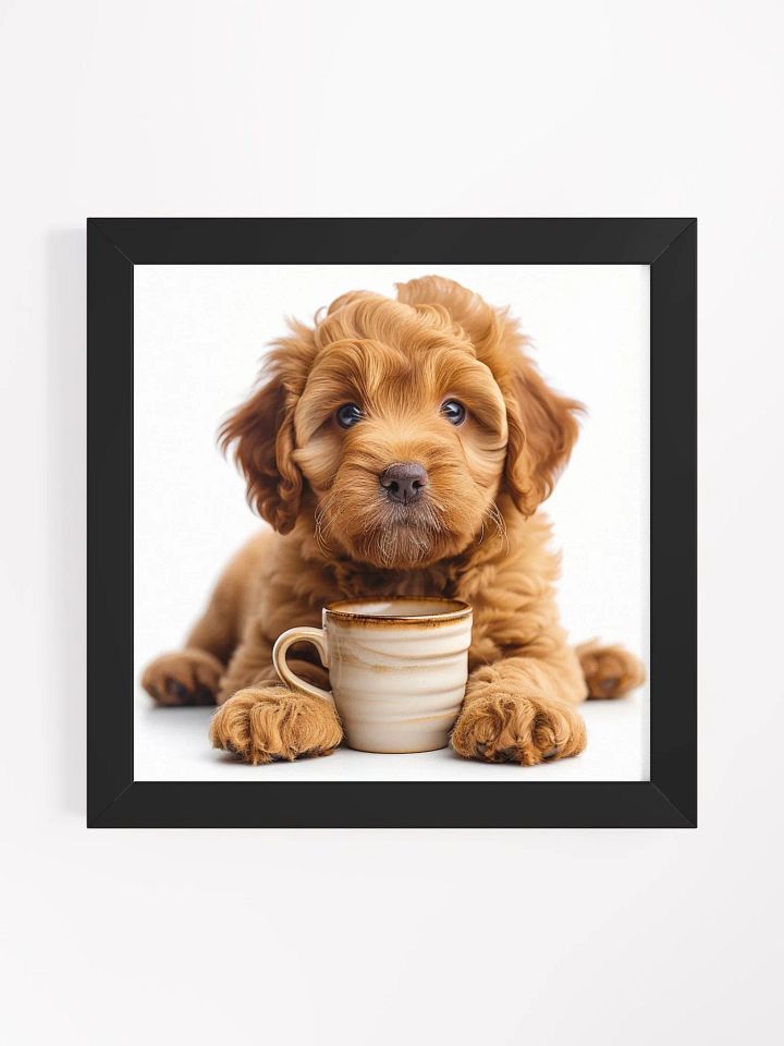 Coffee Lover Cute Goldendoodle Puppy Framed Wall Art product image (1)