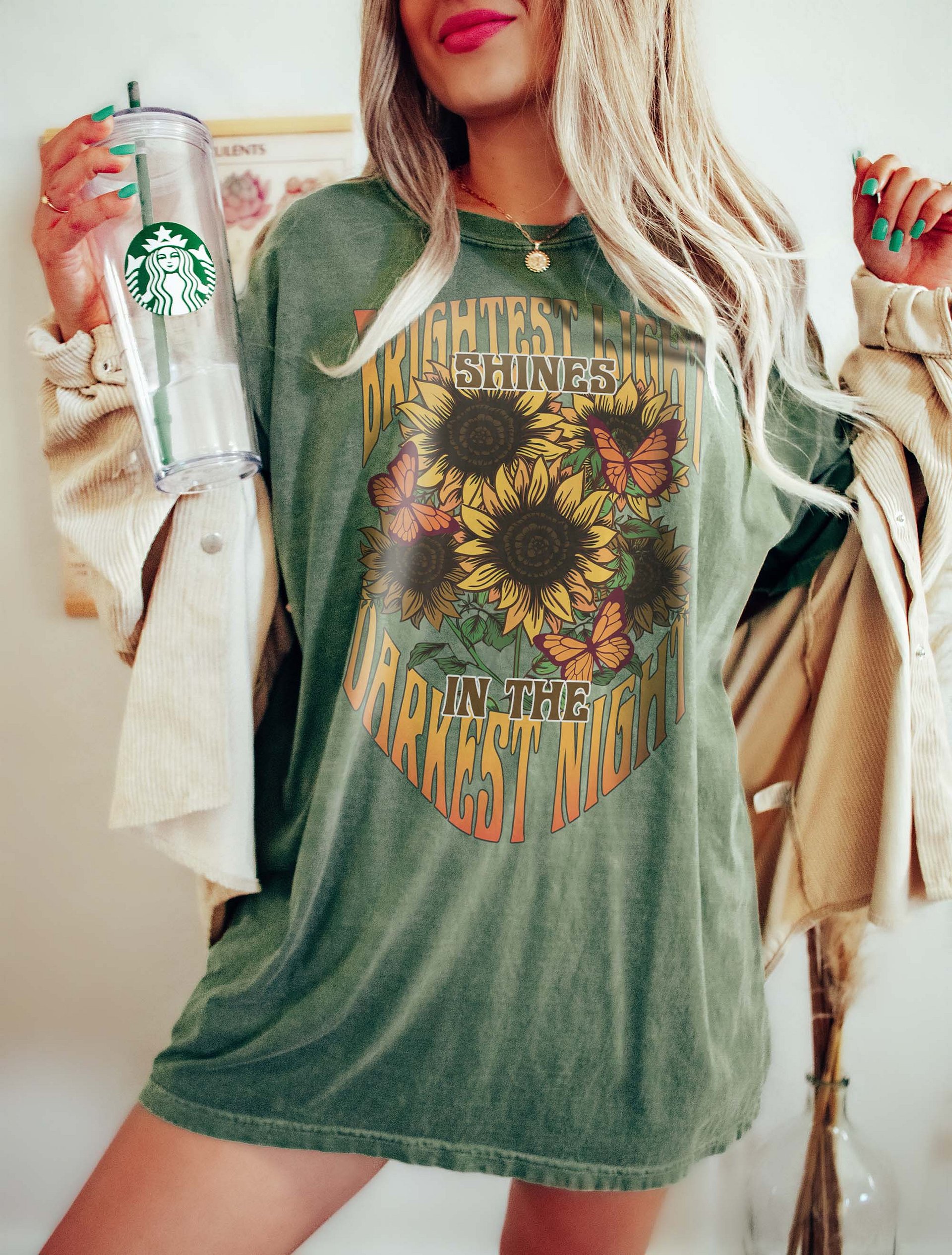 The Brightest Light Shines in the Darkest Night Sunflower T-Shirt | Motivational Fall and Thanksgiving T-Shirt Design product image (15)