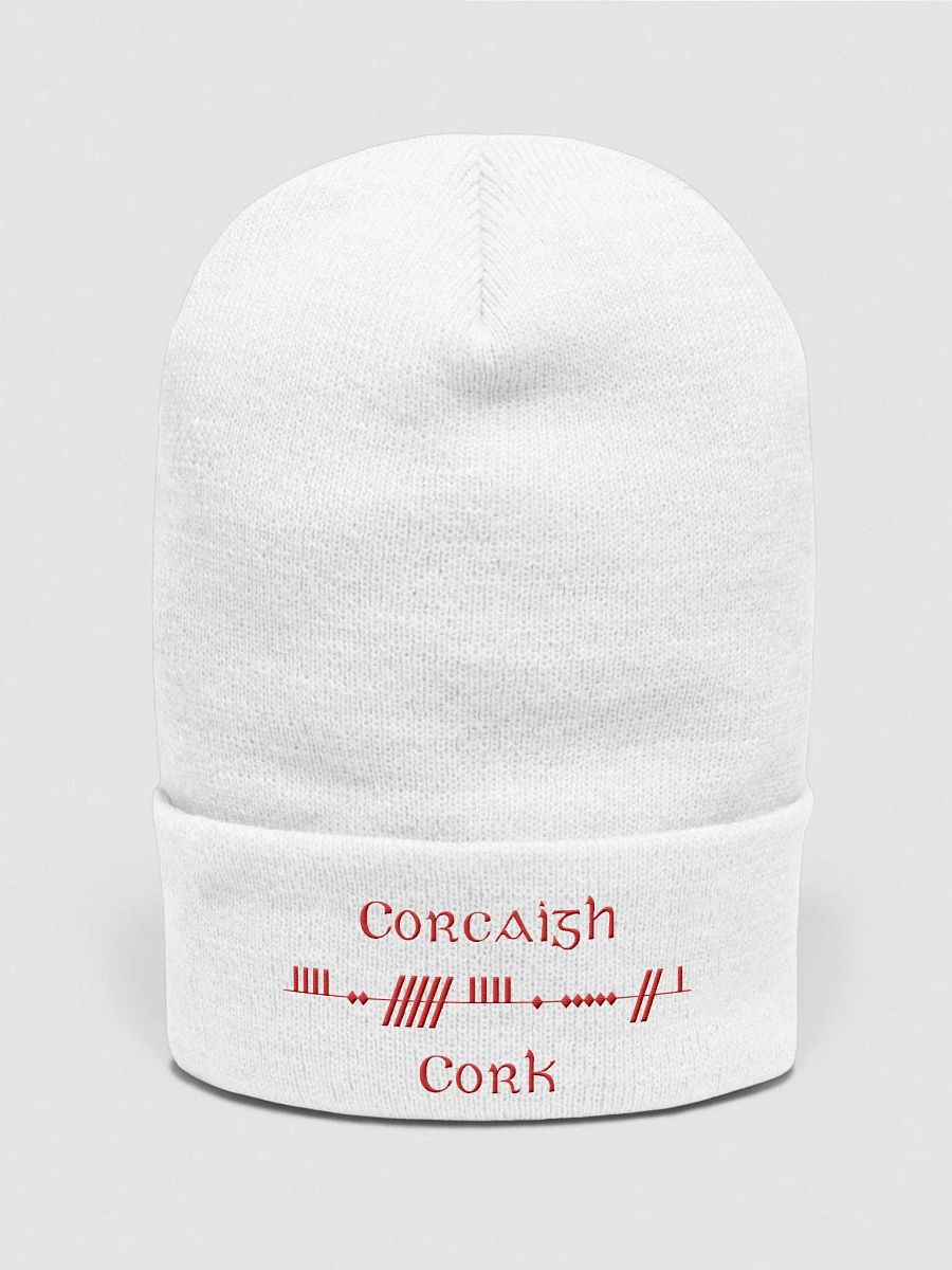 Cork/Corcaigh, Scholastic style Ogham, white with red, embroidered Cuffed Beanie product image (1)