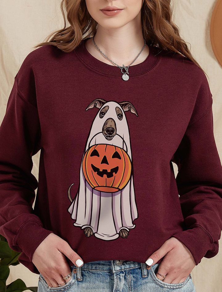 Funny Halloween Italian Greyhound(Blue Fawn) Sweatshirt | Funny Iggy Wearing a Ghost Costume and Holding a Pumpkin Basket product image (10)