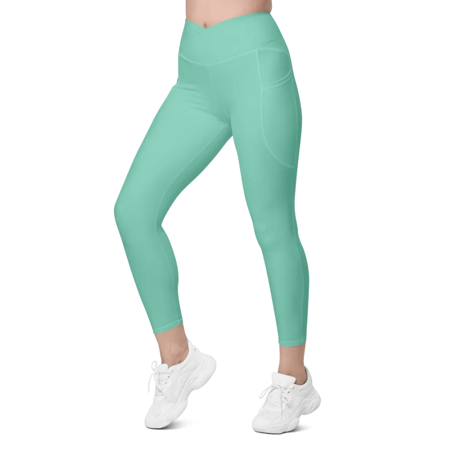 Plain Light Pastel Green Light Summer Women's High Waisted Premium Crossover Leggings with Pockets by Treasure Pie product image (7)