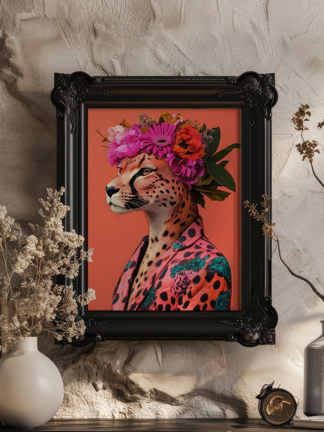 Cheetah Wearing Floral Wreath and Funky Jacket Animal Fashion Art Print product image (24)