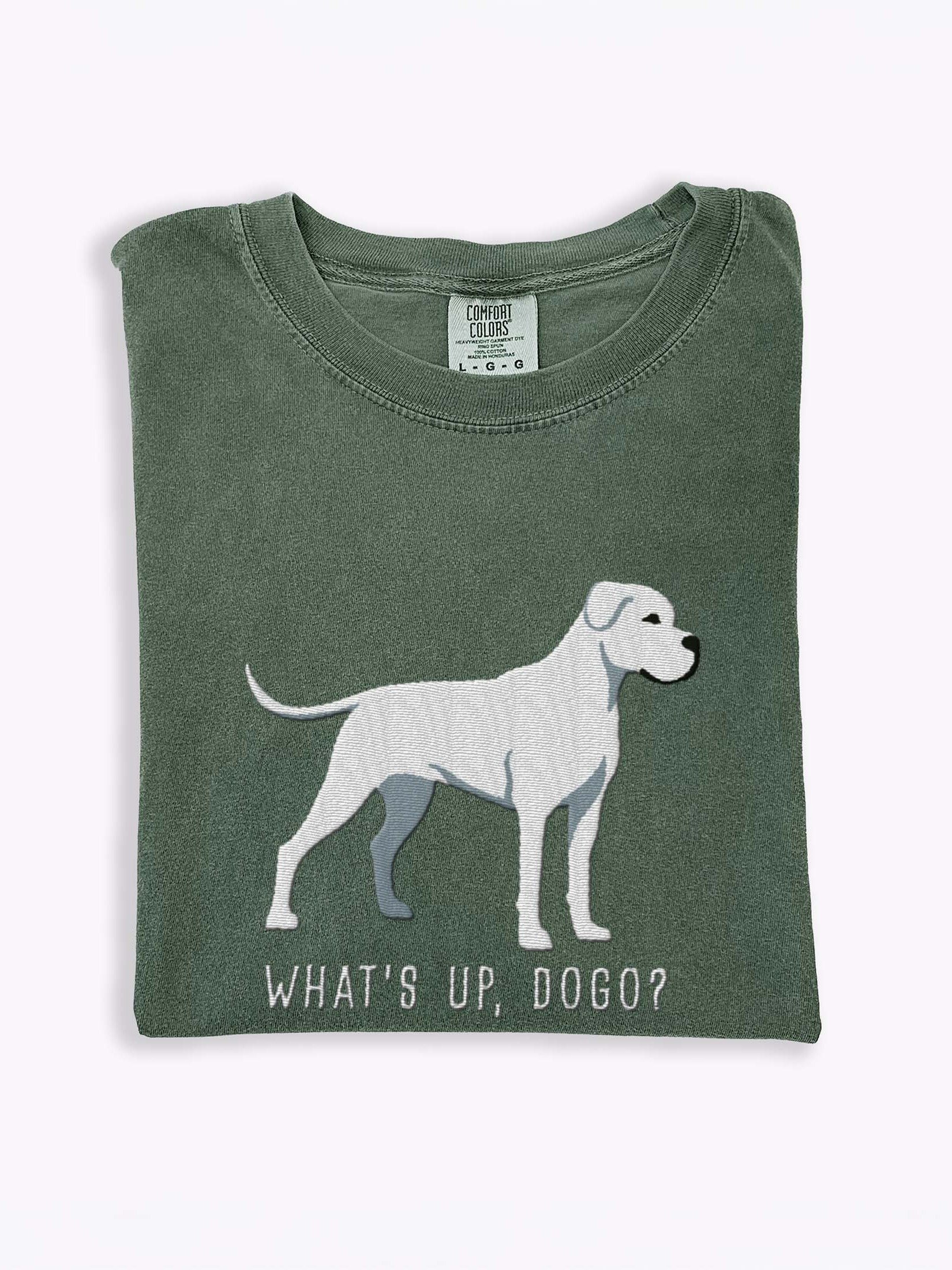 What's Up, Dogo? T-Shirt(Embroidered) of a Dogo Argentino(White) product image (1)