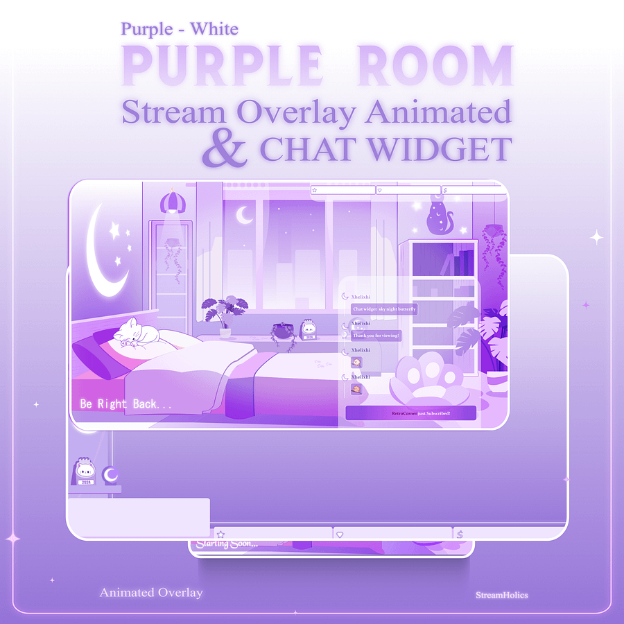 Glowing Room Stream Overlay Animated Pack, Stream Overlay Animated Cute Purple Room Overlay , Cute Room Kitty Overlay, Starting Soon, Brb product image (1)