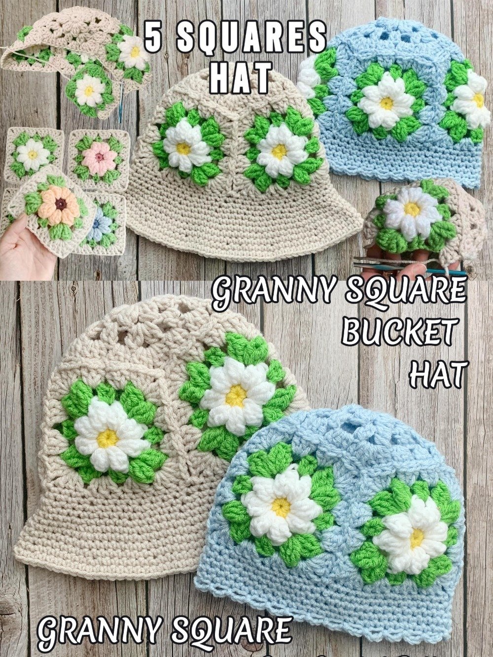 Granny Square Hat Crochet Pattern and VIDEO Sun Hat Beanie Bucket Hat With Brim product image (8)