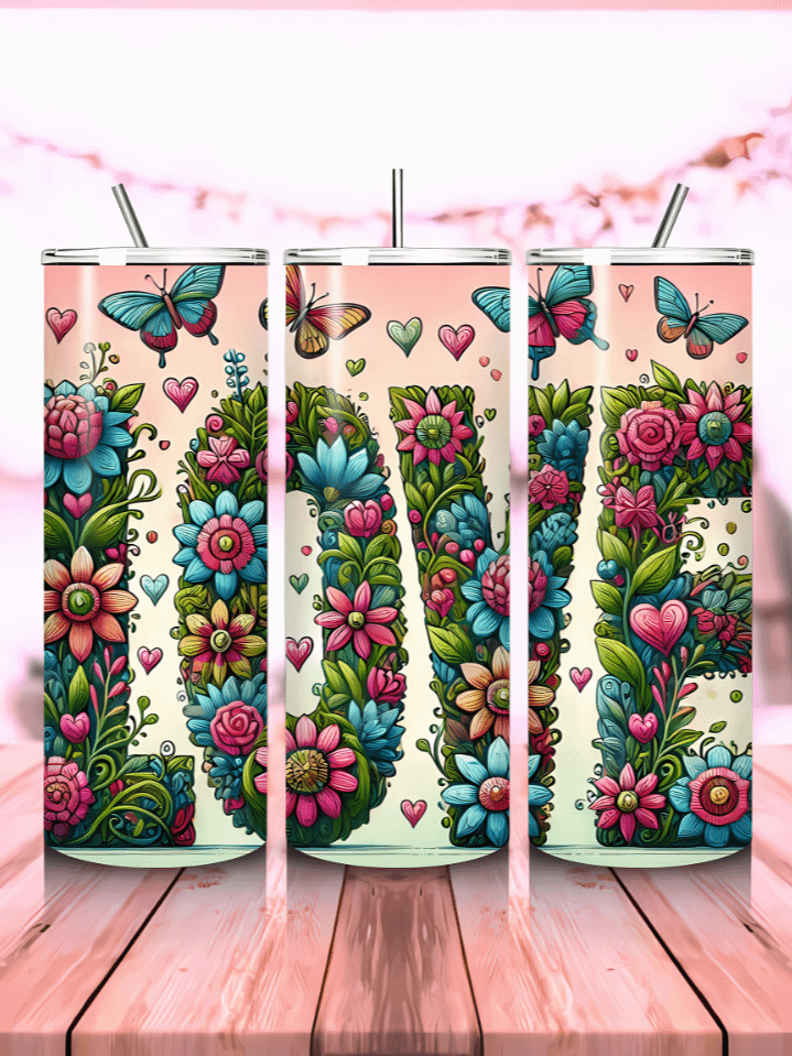 Adorable Valentine’s Day 20oz Tumbler Wrap – Love Letters with Hearts, Butterflies & Florals – PNG Sublimation Design – 300 DPI Download product image (1)