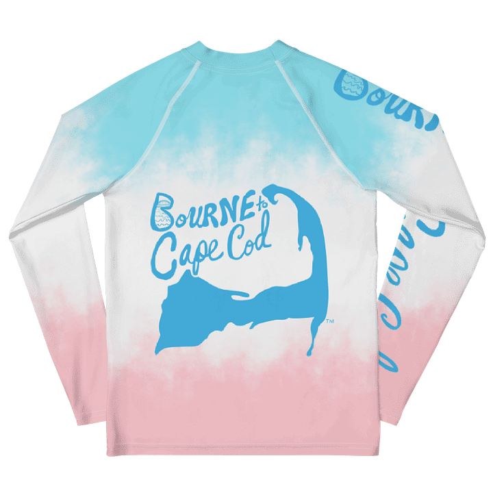 YOUTH | Rash Guard | BRN.2C.C.™ Front Graphic | BOURNE to Cape Cod™ Sleeve & Back Logo | Coastal Swim Shirt for Kids | UV Protection Activewear | Blue Logo on Patriotic Pastels product image (2)