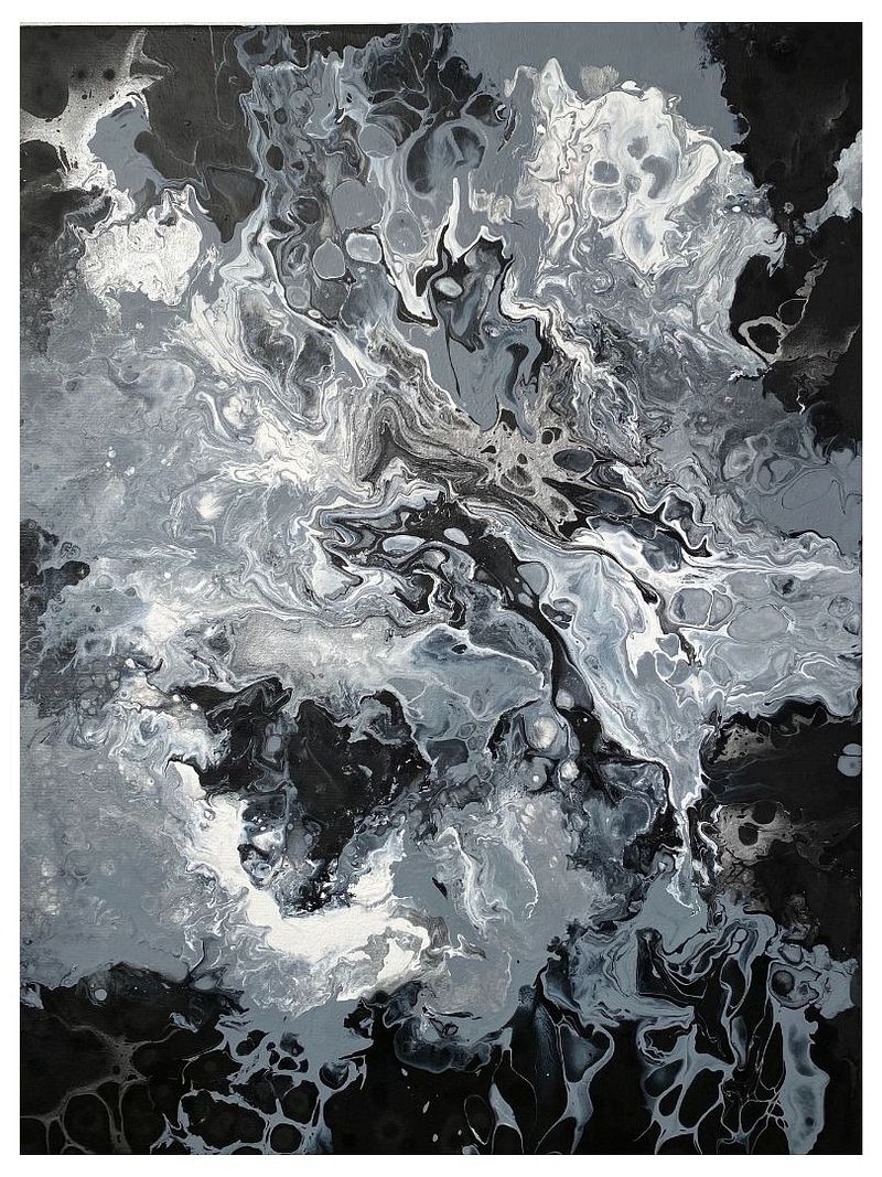 Black, Grey & Silver Abstract Acrylic Pour Painting on 18x24 Inch Canvas | Modern Abstract Art