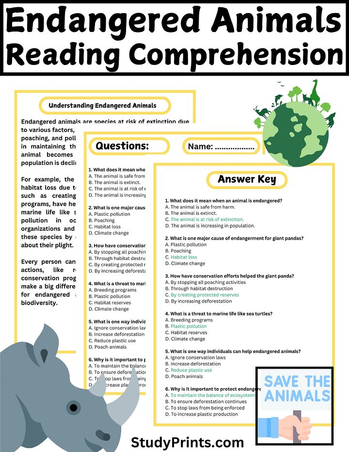 Endangered Animals Reading Passage with Comprehension Questions product image (1)