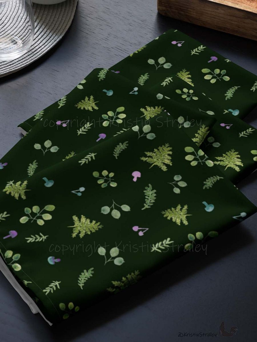 Woodland Ferns & Mushrooms on Dark Green Cloth Napkin Set of 4 product image (9)