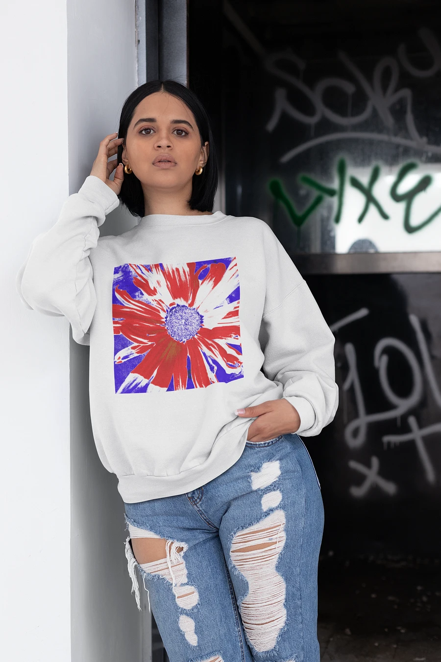 Navy, Red and White Daisy on Navy Abstract Background Unisex Sweatshirt product image (3)